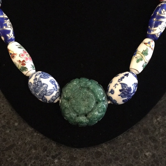 Vintage Caved Jade & Ceramic Painted Bead Necklace - Picture 5 of 16